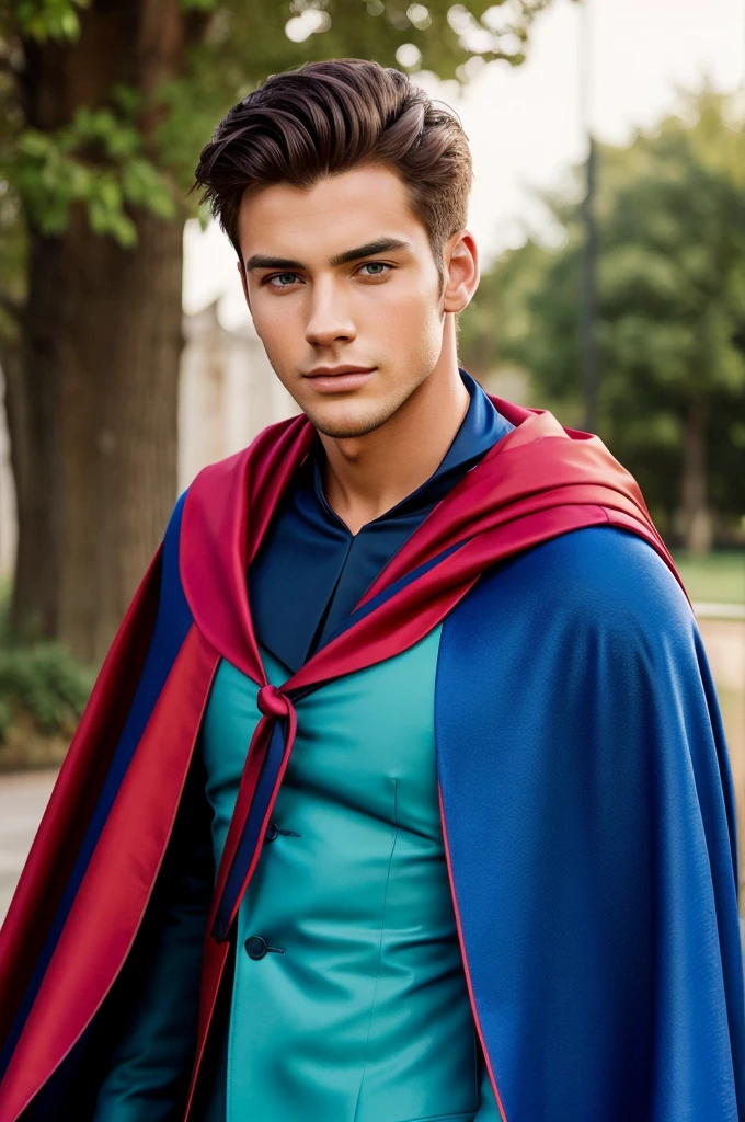 A young handsome man , wearing a many coloured capes