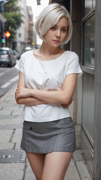 Beautiful woman, short white hair, wearing a short skirt and short skirt outfit, appearing a little shy