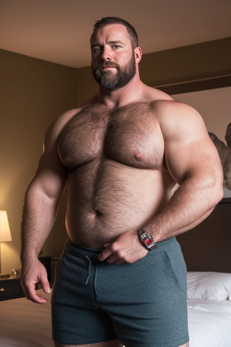 8KUHD HDR Very Extremely Realistic Very Detailed High Quality Create a professional studio-style photograph featuring a middle-aged daddy rugged muscle bears man , burly, very hairy, very beared big daddy bear, and very realistic detailed rugged burly man and his husband in shorts. beards, very realistic hair, very realistic beards, very realistic thick chubby neck, very realistic neck lines, very realistic detailed neck, very realistic belly, very realistic burly chest, very realistic detailed hairy burly strong chest and arms, very realistic detailed hairy burly strong chest and arms, very realistic pecs, very realistic burly body, very realistic nipples, very realistic burly body, very realistic face, very realistic detailed face, very realistic eyes, very realistic detailed eyes, very realistic pupils, very realistic detailed pupils, very realistic nose, very realistic ears, very realistic facial features, very realistic burly arms, very realistic elbows, very realistic hands, very realistic pecs, very realistic belly, very realistic human man body, very realistic bellybutton, very realistic wrists, very realistic fingers, very realistic fingernails, very realistic shoulders, very realistic mouth, very realistic lips, very realistic detailed skin, very realistic skin, very realistic mens clothing, very realistic detailed mens clothing. A very realistic burly muscle bear man in a bedroom, in a very realistic romantic and virile bedroom scene. Very Realistic Intricately Detailed, Utilize all appropriate realistic lighting techniques for studio photography" very realistic detailed bedroom surroundings, very realistic surroundings lighting, No Deformities, Very Ultra Realistic and Very Realistic Photograph, Clear HDR Quality