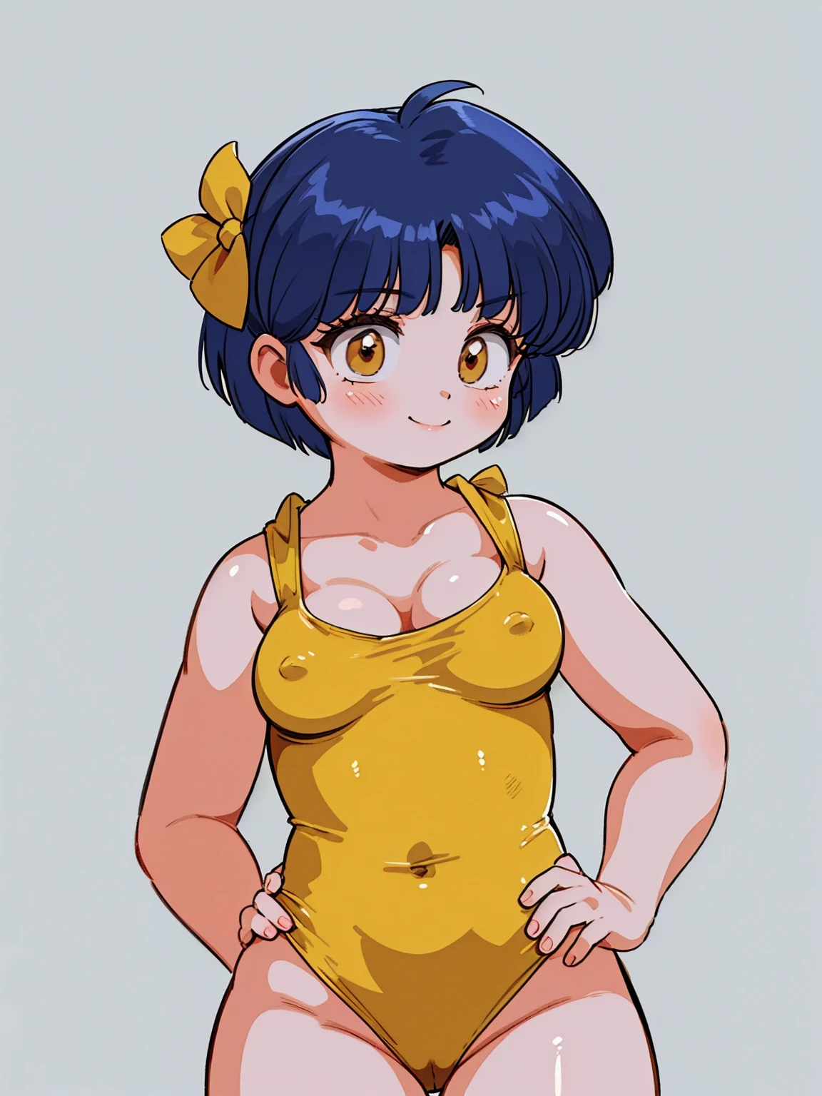 ((1girl, TendouAkane, AkaneYellowSwimsuit, white background)), upper body, anatomically correct, fixed hand, ((hands on hips)), short hair, chibi, simple background, smile, five finger hand