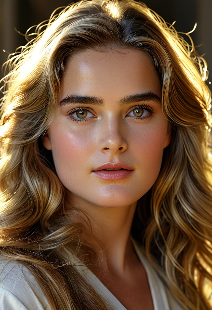 Masterpiece, better, quality, young girl 12 years old, exotic, High Definition. realist, 8k, Hyperrealistic details,Girl looks like 12-year-old Hollywood actress Brooke Shields,(perfect details), (extremely fine and beautiful:1.1), beautiful face, Beautiful light brown eyes, (detailed face, detailed eyes:1.2), realistic skin textures, detailed full lips, very pale skin, long shiny blonde hair, (Add layer:1.2), dynamic angle, landscape mm, dramatic lighting, volumetric lighting, golden hour, Masterpiece, better, quality, 12-year-old young girl, exotic, High Definition. realist, 8k, Hyperrealistic details,girl is similar to hollywood actress brooke shields von 12 years of ddsd