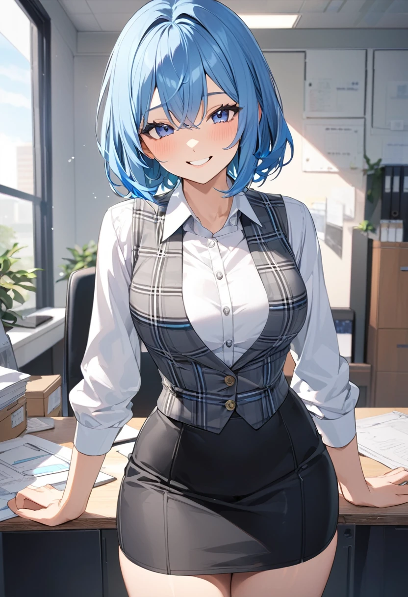 (Highest qualityのイラスト:1.2), (pretty girl:1.1), (1 girl、17 years old、Highest qualityのイラスト:1.2), (1 girl、smile、Beautiful breasts、Very detailedな目:1.2)、((Bright blue hair:1.2))、Short Bob Hair、(Highest quality、Very detailed、Very detailed and beautiful、Ultra-high resolution) 、BREAK wearing a [[white and gray plaid pattern]] vest over a long sleeve white collared-shirt), (buttoned gray vest:), (tight black pencil skirt) ,office、Front facing、smile、
