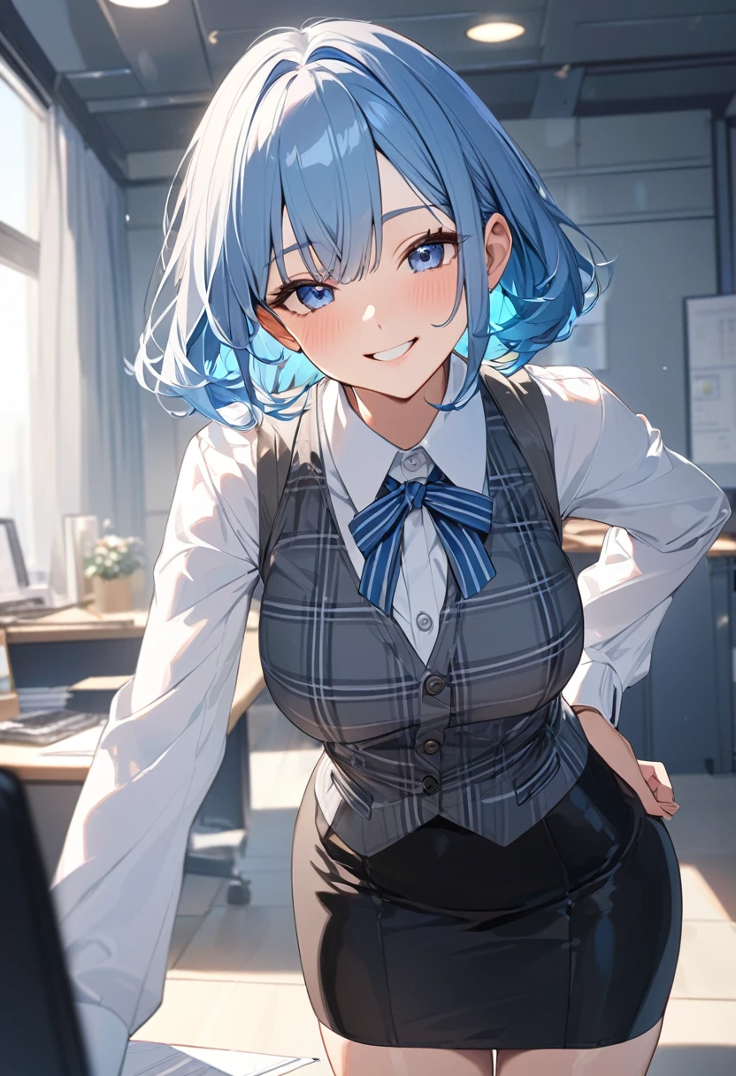 Kizi,kamisato_ayaka,white shirt,Black wrapped hip skirt,Dusk sunset,Inside the office,Leaning against the table