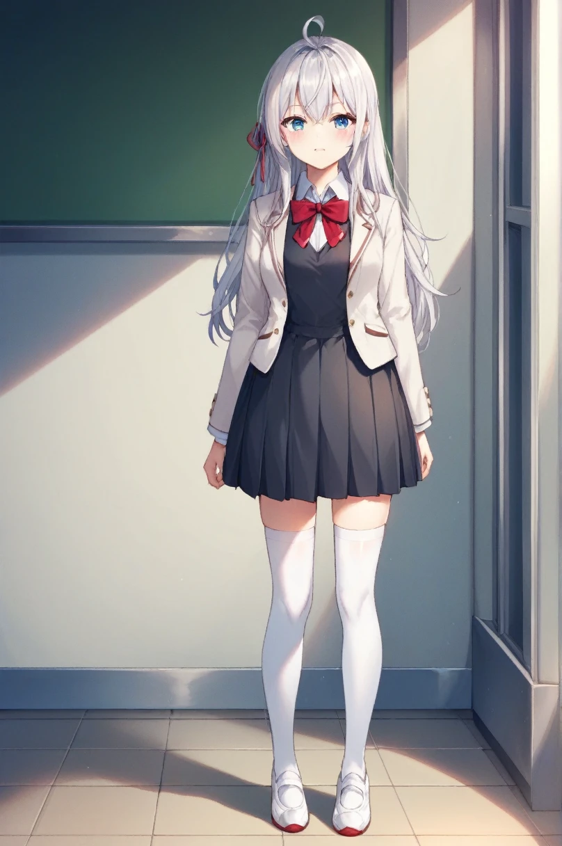 score_9, score_8_up, score_7_up, score_6_up, score_5_up, score_4_up, BREAK source_anime, alisa mikhailovna kujou, blue eyes, silver hair, long hair, red hair ribbon, white shirt, ahoge, white shoes, black vest, school black dress, white thighhighs, short beige blazer, red bowtie, standing,