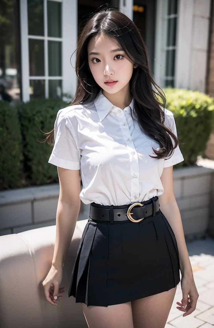 SOLO, ASIAN GIRL, WHITE SHIRT, BELT, SKIRT, LONG HAIR, BLACK HAIR, LOOKING AT VIEWER, COLLARED SHIRT, SHORT SLEEVES, COUCH, BLACK SKIRT, SHIRT TUCKED IN, PLEATED SKIRT, SKIRT LIFT, STANDING, SPRING DAYTIME STREET, PHOTOREALISTIC, ULTRA FACE DETAIL, PRETTY UNDERWEAR, DETAILED WHITE UNDERWEAR, FROM BELOW, FROM THE FRONT, SHE IS POSE FOR A PHOTO SHOOT, ANGLE LOOKING UP FROM BELOW, (VIEW FROM BELOW), BEST QUALITY, HIGH RESOLUTION, 8K.