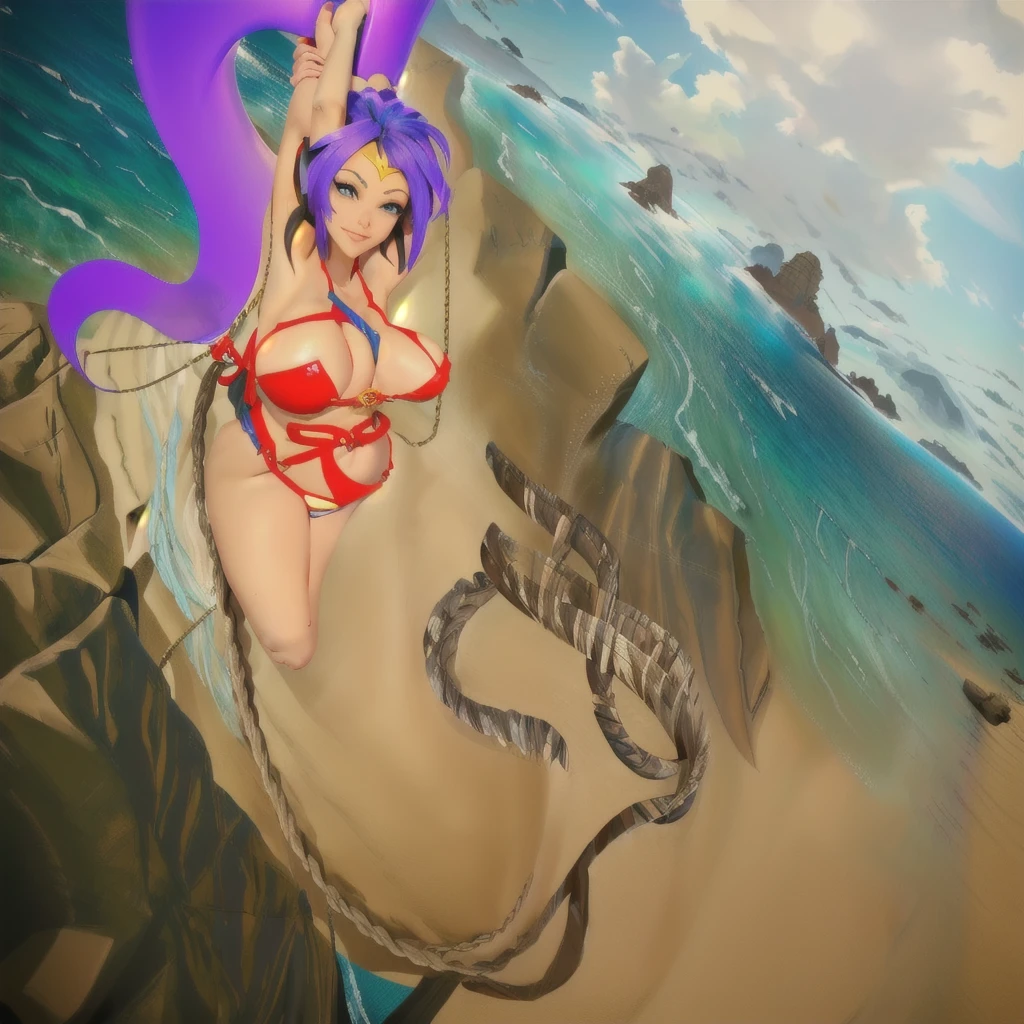 cartoon of a woman in a bikini hanging from a rope, samira from league of legends, giantess art, natalie from epic battle fantasy, bikini. background of hell. gore, giantess, beautiful genie girl, sfw version, game art!!, giantess shot, mana in the air, nsfw, on a cliff, aqua from konosuba