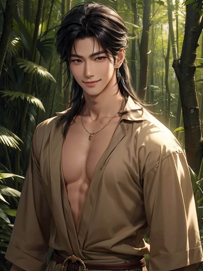 Handsome korean,tall and strong,perfect male figure, eyes looking at camera, ((tanned skin)),forest,feather hair accessories,black hair,serious expression,necklace,Ray tracing, smiling