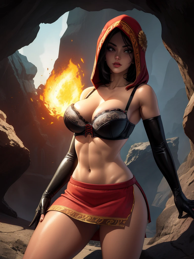 Dsorceress, shadowy face,dark cave, fire, hood, shadowed face, strapless bra, slim and athletic body, miniskirt, no panty, elbow gloves, dark skin, 1 girl (insanely detailed, masterpiece, best quality)