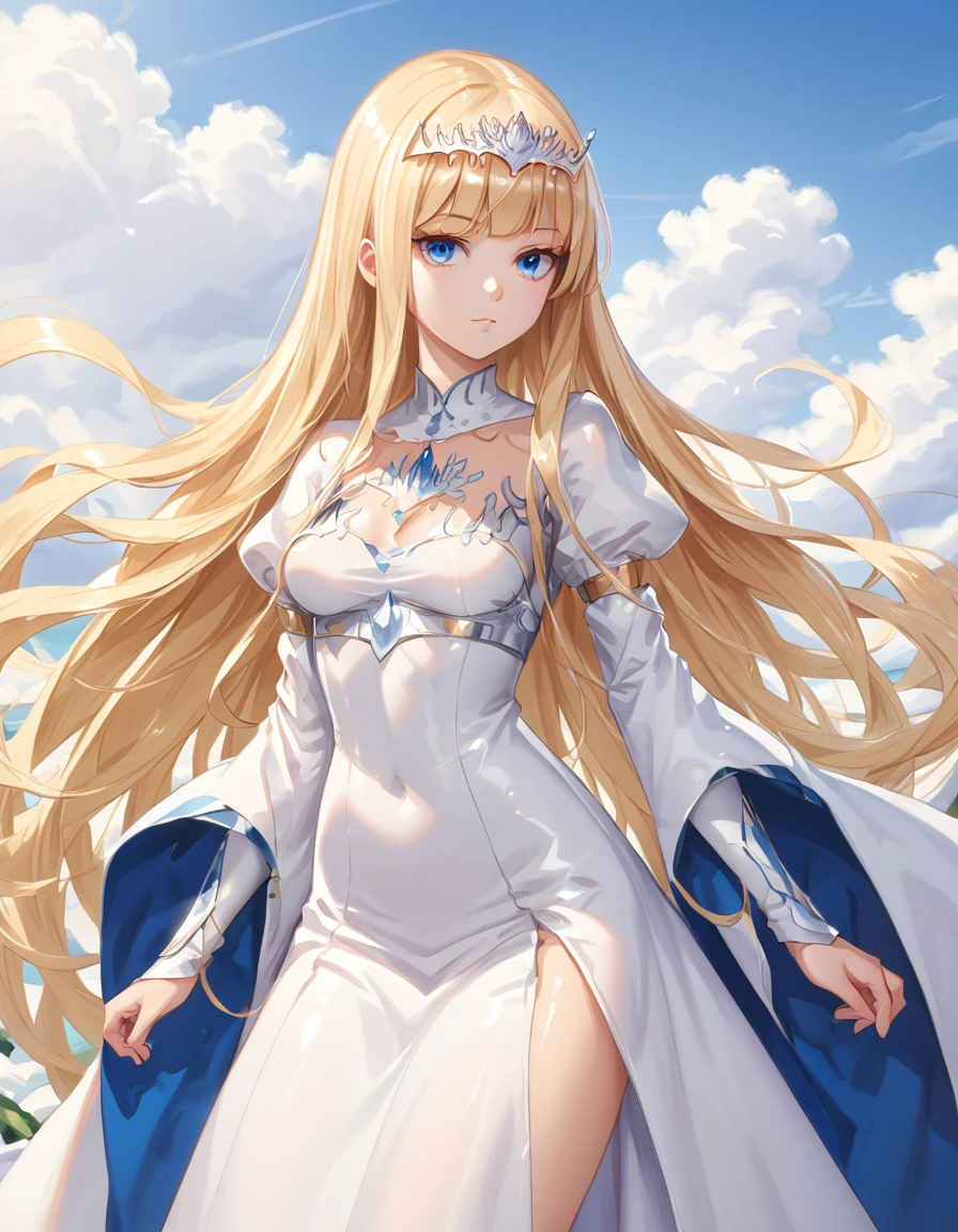  best quality, , score_9_up, shiny body, smooth body , perfect body, , anime_source ,,1girl,solo, calca, blonde hair, ,( extremely long hair:1.3), very long hair, extra long hair, white tiara, white dress, blue eyes,Calca Bessarez, medium breast,Calca