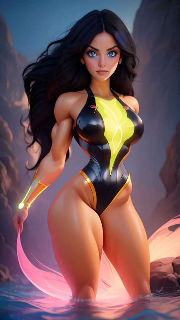 a beautiful feminine alien in a swimsuit, dynamic superheroine, full body, highly detailed facial features, piercing eyes, long eyelashes, full lips, sharp nose, mesmerizing expression, graceful pose, muscular toned body, flowing hair, intricate swimsuit design, glowing skin, black hair, dramatic lighting, cinematic atmosphere, vibrant colors, photorealistic, 8k, best quality, masterpiece
