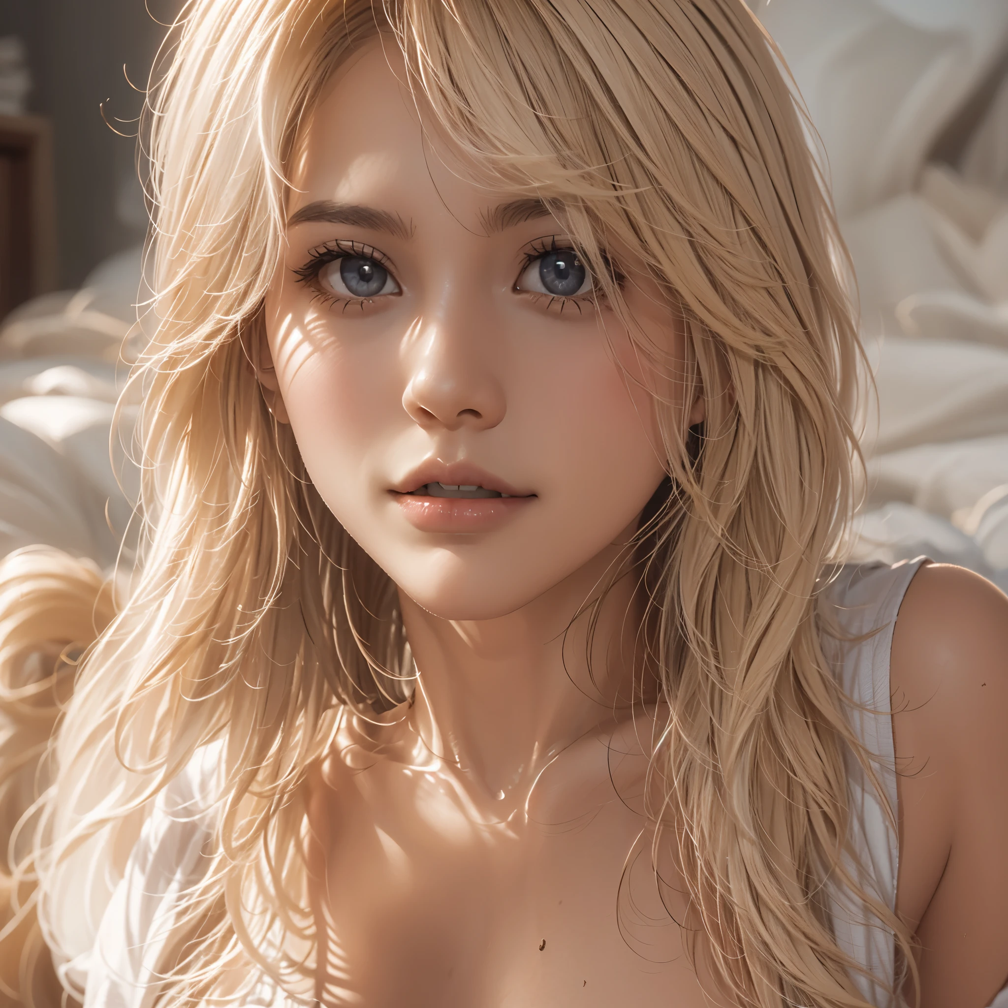 masutepiece, 1 female， Raw photo，Photorealism，High resolution，Best Quality，High Definition, Perfect composition, 
Perfect face, Perfect body, 32K，
Cinematic lighting，in one's underwear only，Real Girl，a blond，Slumessy hair, 
