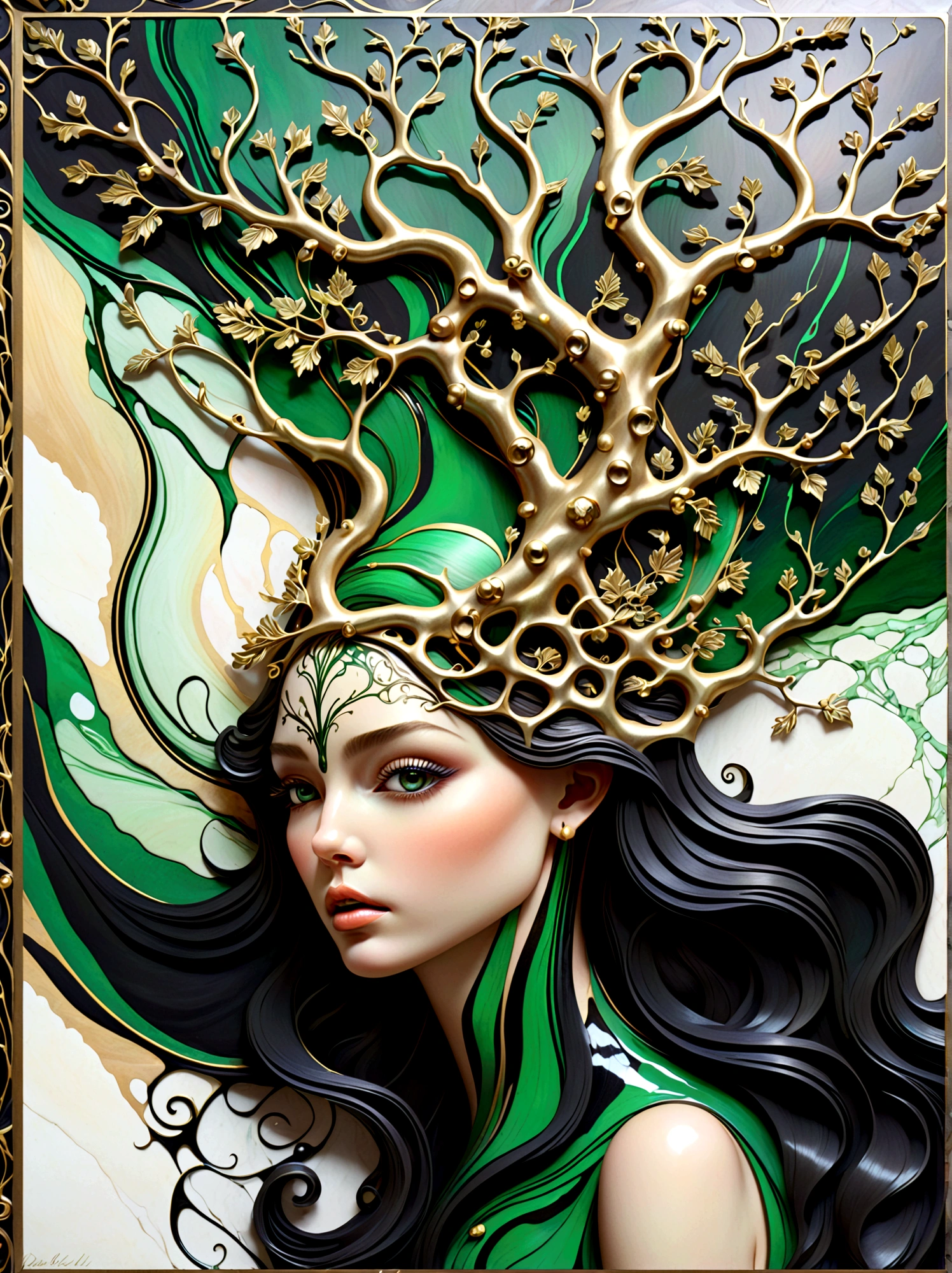 a beautiful portrait of a fairy with the tree of life flowing from her head in an abstract marble texture, with colors of obsidian black, shiny gold, and emerald green, highly detailed, intricate design, BY Anne Bachelier,