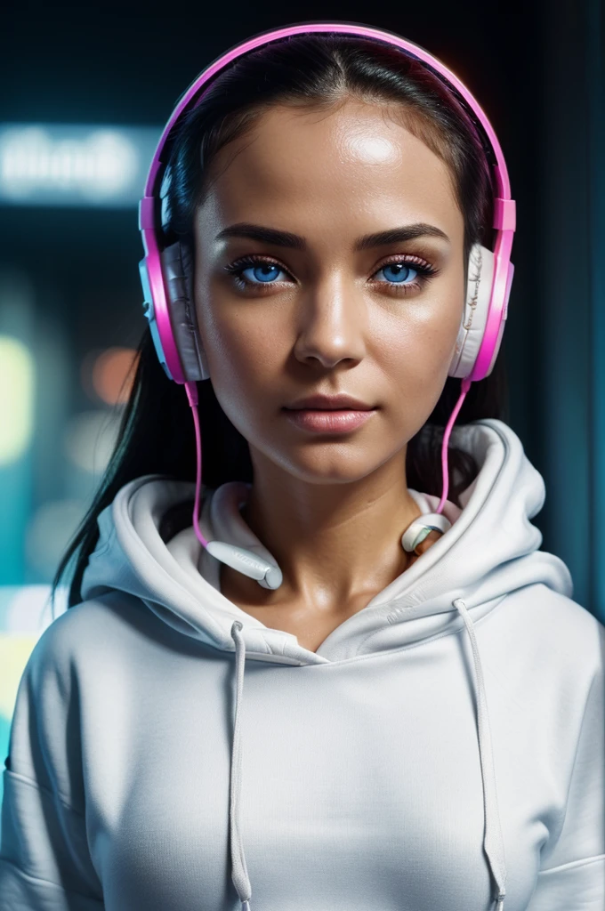 (Best Quality, Masterpiece, ultra high definition, high resolution, Very detailed, high definition face, clear images, HDR:1.5), (40 year old woman:1.3), (eyes are visually focused:1.4), (Film photography style:1.5), (neon background, neon color fashion, cyberpunk, Beautiful woman wearing a hoodie and headphones around her neck:1.5), Large and thin breasts, huge breasts, short hair, (glossy, Very fine breasts, shiny skin), Very detailed facial and skin texture, (pretty eyes, Light in the eyes, detailed eyes:1.2), clean face, White skin, very light skin