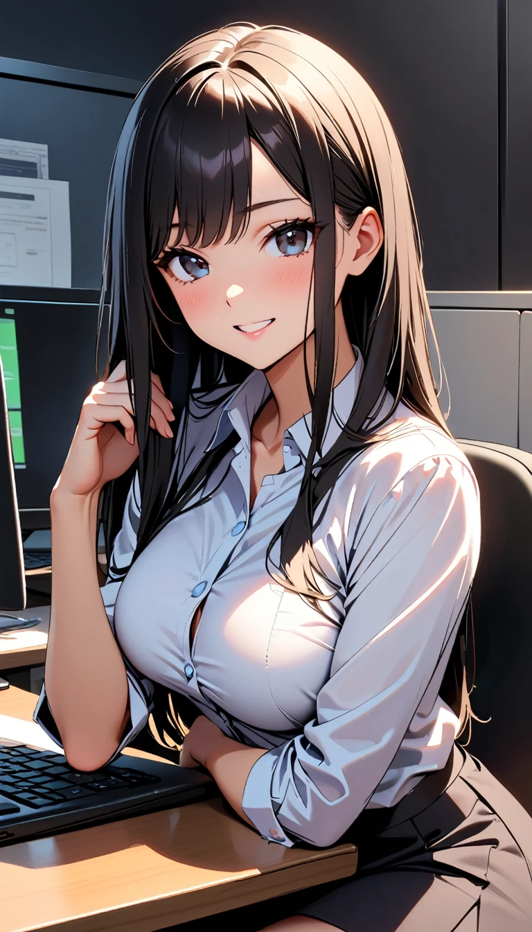 (Highest quality:1.2, Very detailed, up to date, Vibrant, Ultra-high resolution, High Contrast, masterpiece:1.2, Highest quality, Best aesthetics), Beautiful female mechanic, sexy, Office Casual,Best Body Line, Black beautiful eyes, Droopy eyes,A kind smile, Detailed facial features, Black straight hair, The job description on the wall, neatly organized desk, Precision work, Adorable,