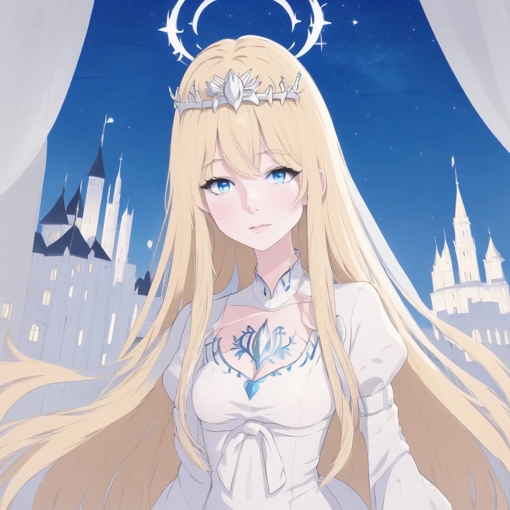 ,1girl,solo, calca, blonde hair, ,( extremely long hair:1.3), very long hair, extra long hair, white tiara, white dress, blue eyes,Calca Bessarez, medium breast,Calca
