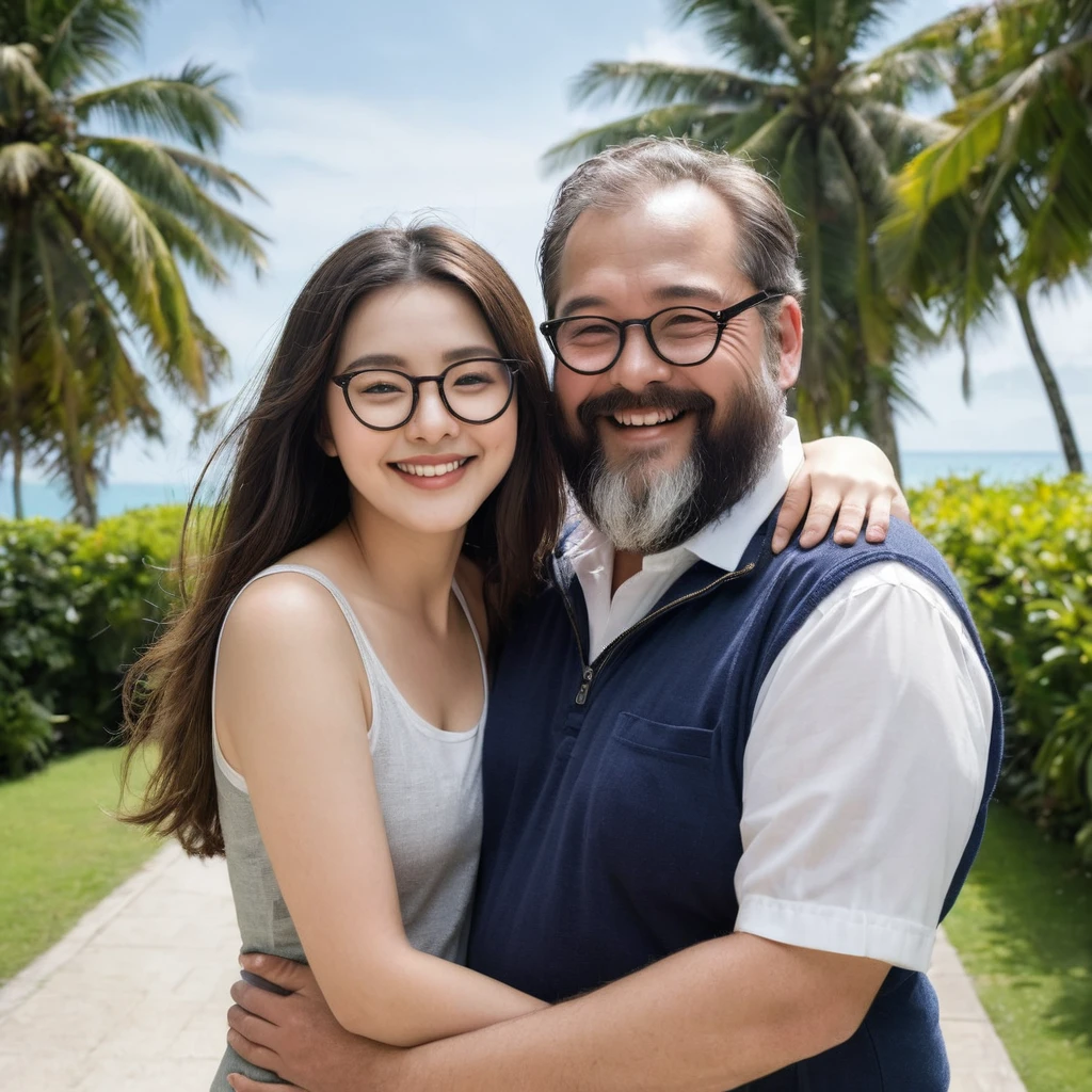 A couple, embracing, a sexy 20-year-old beauty, a chubby and bespectacled and bearded 50-year-old man, smiling.