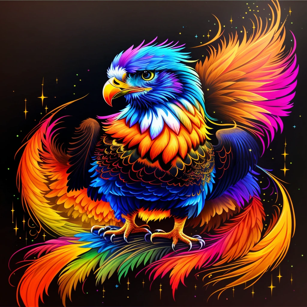 colorful bird with a star in the background, Background transparent, png, art of a phoenix, colorful plumage, glowing feathers, full of colors and rich detail, mythical creature, Fire Bird, highly intricate and colorful, ''phoenix wallpaper, colorful digital fantasy art, extremely colorful, Vibrant, high-contrast coloring, strong and vibrant colors, glowing feathers do arco-íris, high detailed colors