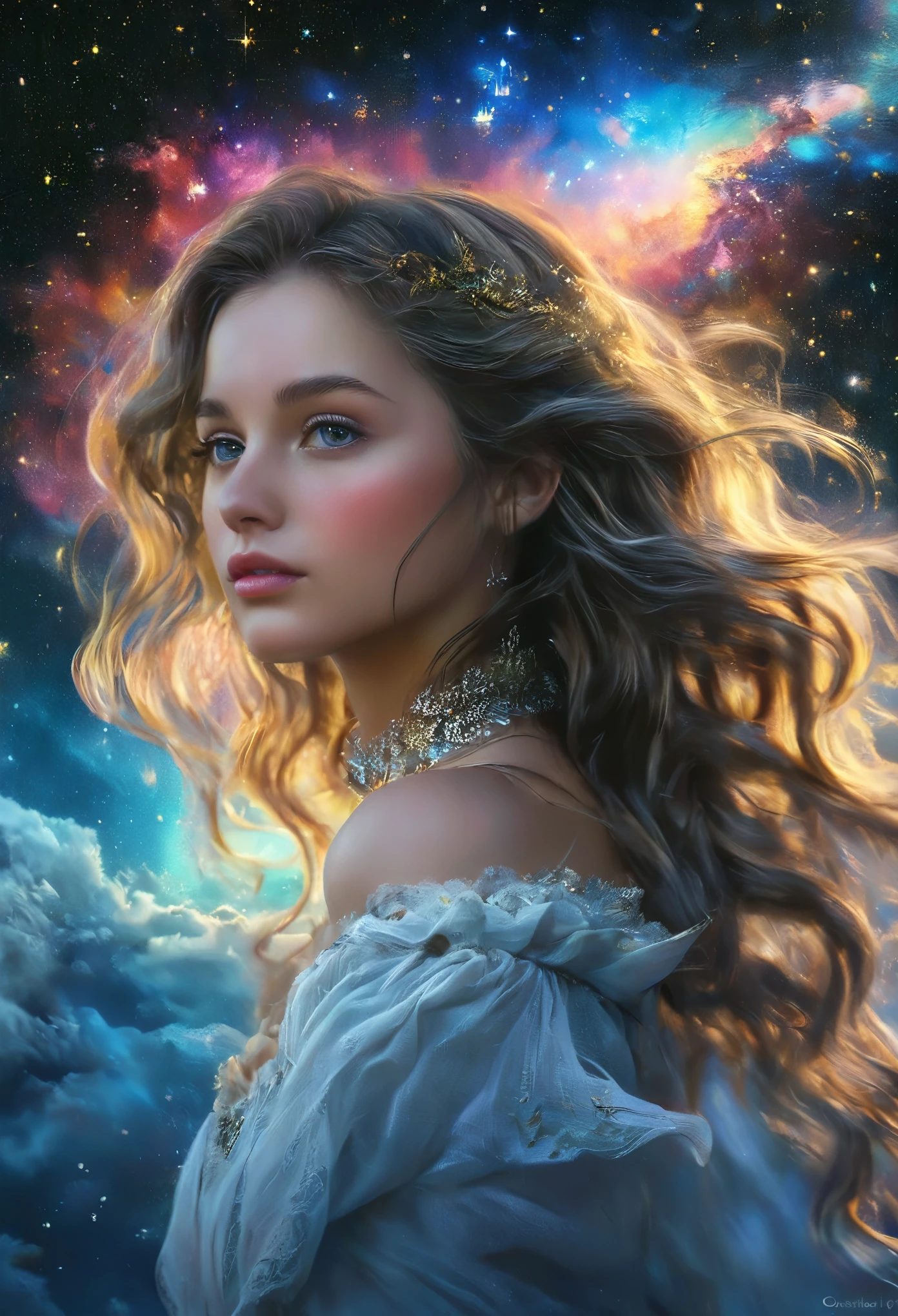 (best quality,4k,8k,highres,masterpiece:1.2), ultra-detailed, (realistic,photorealistic,photo-realistic:1.37),(Numerous award-winning masterpieces, incredibly detailed and textured, maximal resolution and clarity), (Hyper-realistic:1.4)a beautiful girl in the foreground, (She is half French, and is a stunning beauty with detailed eyes and a high nose:1.1), thick eyebrows, detailed facial features, long graceful neck, flowing locks of hair, poised and elegant posture, dreamy atmosphere, Surrealism, mystical aura, Charlie Bowater, 19th-century France, seductive, (detailed landscape of asgard in the background, aurora shining in the sky:1.6), (starry night sky with constellations:1.5), highly detailed, 8k, ultra-detailed, photorealistic, masterpiece, (natural lighting:1.4)
