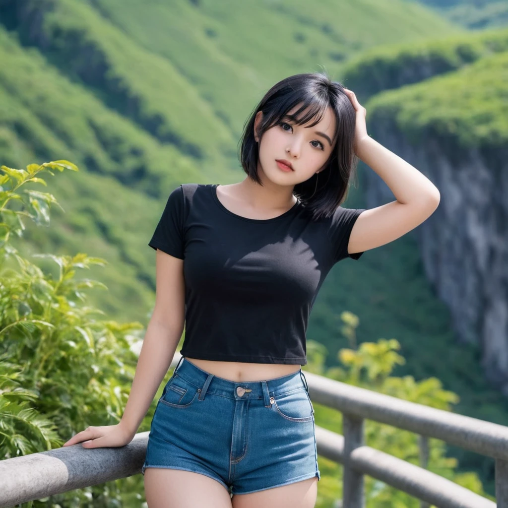 21yo girl, black hair, (bob Hair). Wearing black t shirt, denim short pants. natural big breast, show big thigh, plump body. Standing pose. The natural scenery background is very beautiful and interesting