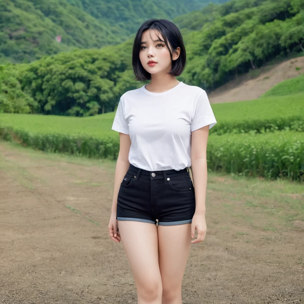 21yo girl, black hair, (bob Hair). Wearing black t shirt, denim short pants. natural big breast, show big thigh, plump body. Standing pose. The natural scenery background is very beautiful and interesting