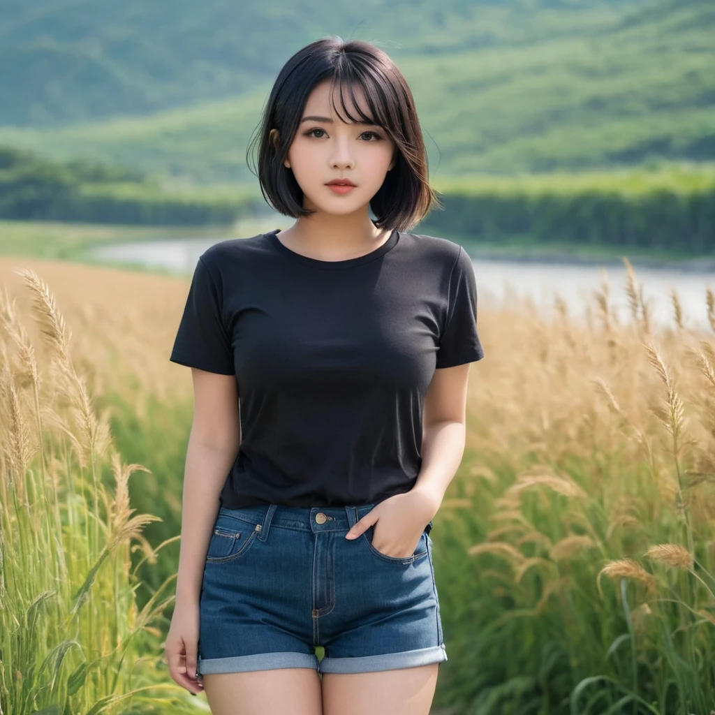 21yo girl, black hair, (bob Hair). Wearing black t shirt, denim short pants. natural big breast, show big thigh, plump body. Standing pose. The natural scenery background is very beautiful and interesting