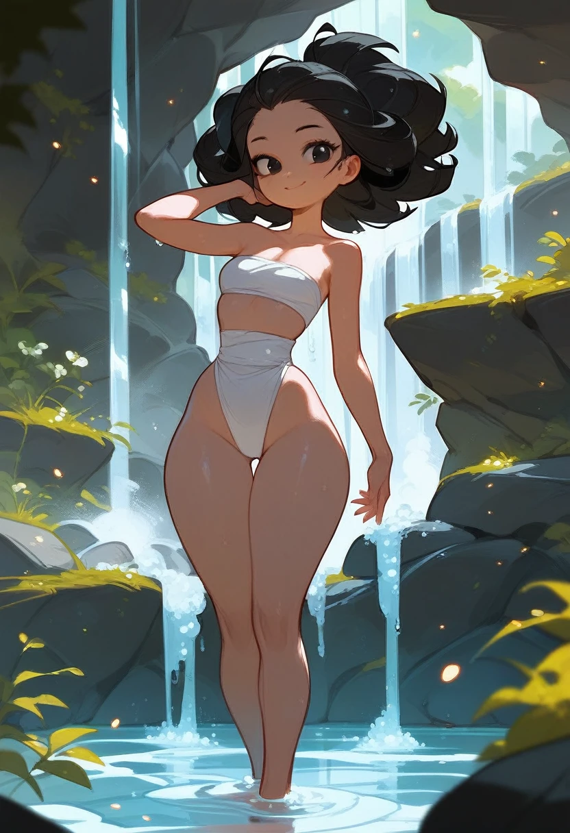 Girl, smiling, black hair, black eyes, bathing, standing on a watery and rocky floor, D size chest, thick hips, thin waist