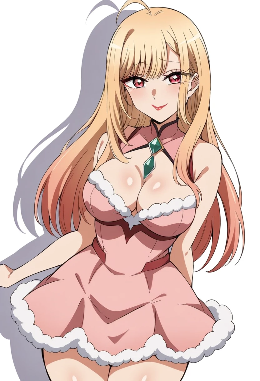 (anime art style:0.1), 2d, masterpiece, best quality, (very aesthetic:1.5), absurdres, dynamic shadows, atmosferic, (kitagawa marin), (1girl), ((blonde hair)), bob cut, long hair, (red eyes), sparkle eyes, detailed eyes, eyelashes, ahoge, hair between eyes, bangs, medium breasts, cleavage, makeup, lipstick, naughty_face, (curvy body), magical girl, pink dress, fluffy dress, ((cowboy shot)), looking at viewer, standing, (from front), (white background), simple background