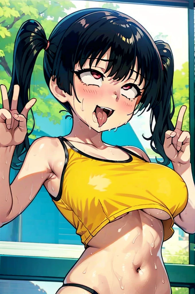 ahegaoでパイズリするSasaki Kanna, Yellow Tank Top, underboob, Sweat, Black hair twin tails, Big Breasts, smile, Drooling, Show off your big breasts, Peace sign with both hands