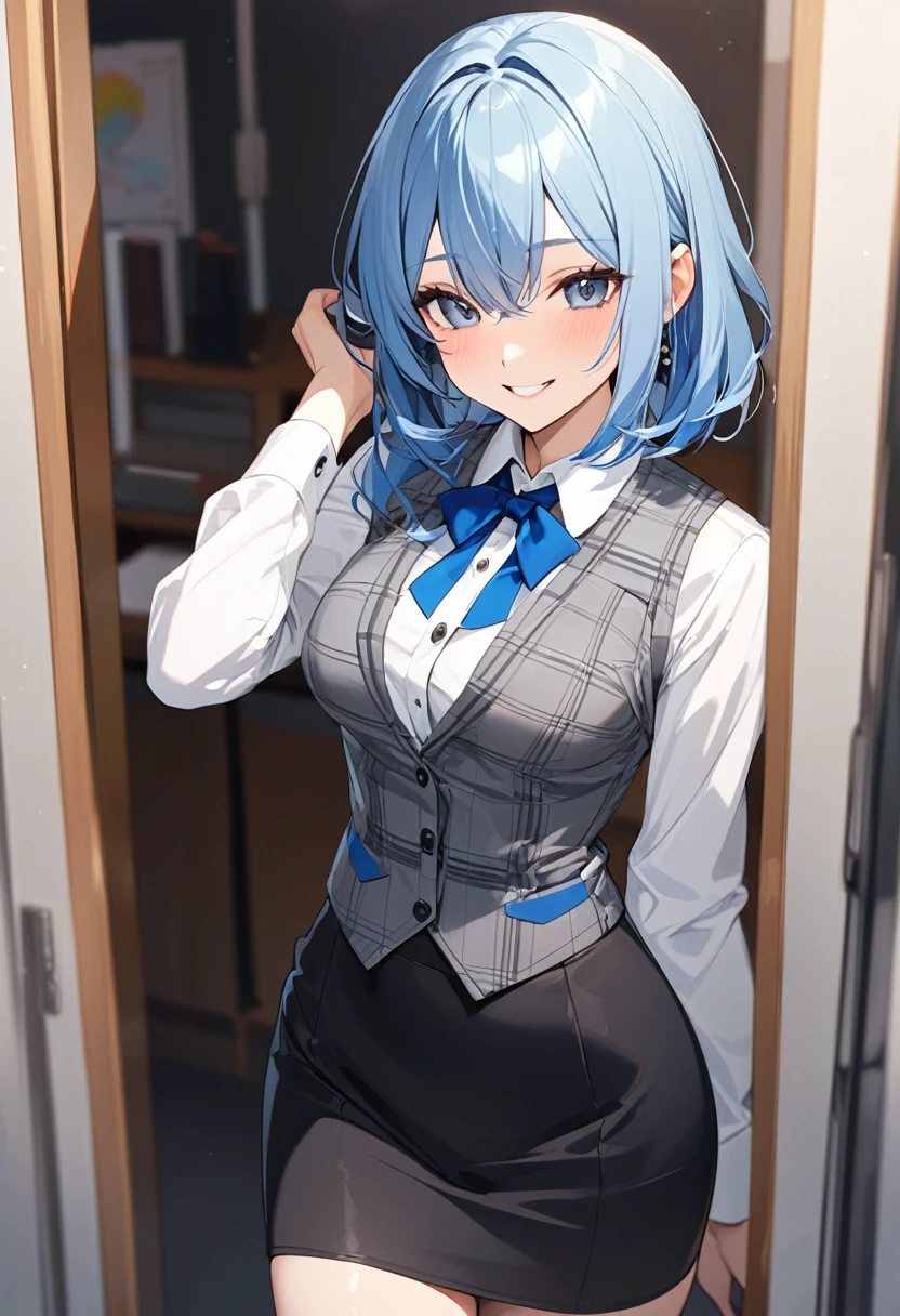 (Highest qualityのイラスト:1.2), (pretty girl:1.1), (1 girl、17 years old、Highest qualityのイラスト:1.2), (1 girl、smile、Beautiful breasts、Very detailedな目:1.2)、((Bright blue hair:1.2))、Short Bob Hair、(Highest quality、Very detailed、Very detailed and beautiful、Ultra-high resolution) 、BREAK wearing a [[white and gray plaid pattern]] vest over a long sleeve white collared-shirt), (buttoned gray vest:), (tight black pencil skirt) ,office、Front facing、smile、
