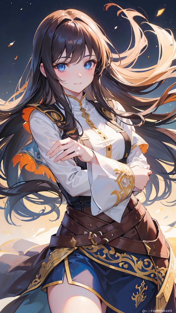 a beautiful detailed girl with long flowing brown hair and bangs, intense blue eyes, teary eyes, smiling expression, photorealistic, cinematic lighting, intricate details, highly detailed face and body, masterpiece, (best quality,4k,8k,highres,masterpiece:1.2),ultra-detailed,(realistic,photorealistic,photo-realistic:1.37),cinematic lighting,mystical atmosphere,warm color palette,detailed clothing,elegant pose