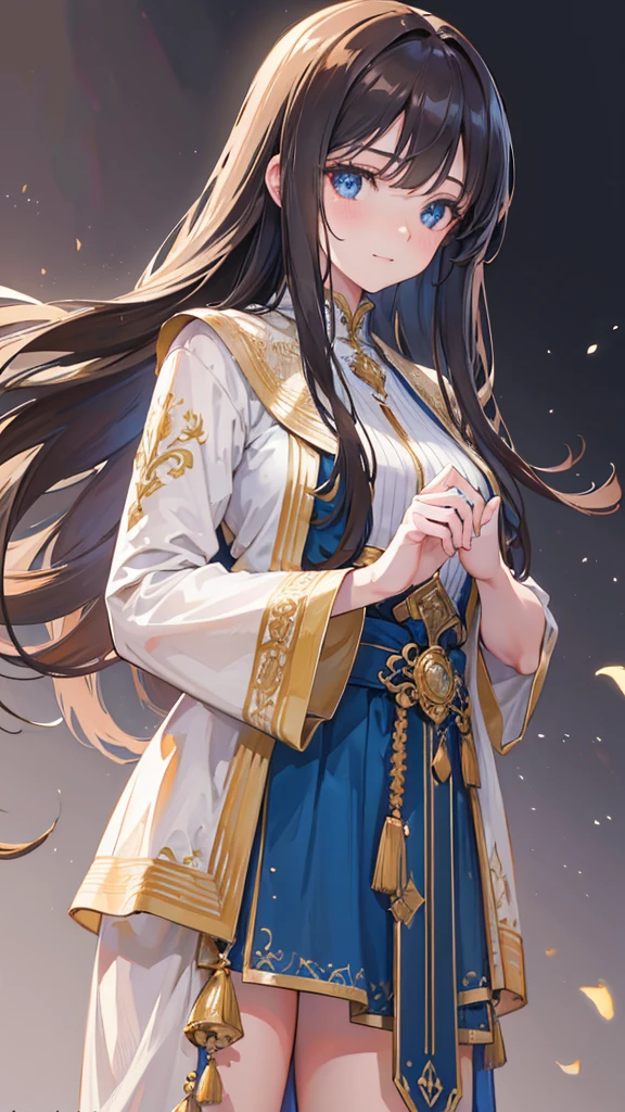 a beautiful detailed girl with long flowing brown hair and bangs, intense blue eyes, teary eyes, smiling expression, photorealistic, cinematic lighting, intricate details, highly detailed face and body, masterpiece, (best quality,4k,8k,highres,masterpiece:1.2),ultra-detailed,(realistic,photorealistic,photo-realistic:1.37),cinematic lighting,mystical atmosphere,warm color palette,detailed clothing,elegant pose