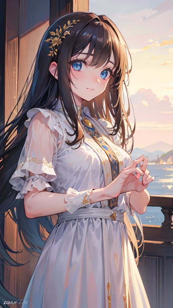 a beautiful detailed girl with long flowing brown hair and bangs, intense blue eyes, teary eyes, smiling expression, photorealistic, cinematic lighting, intricate details, highly detailed face and body, masterpiece, (best quality,4k,8k,highres,masterpiece:1.2),ultra-detailed,(realistic,photorealistic,photo-realistic:1.37),cinematic lighting,mystical atmosphere,warm color palette,detailed clothing,elegant pose