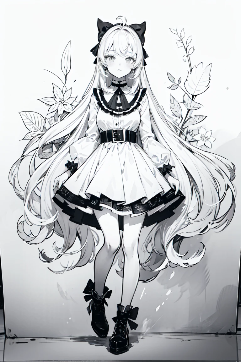 (Line Art, monochromesketch, traditional media:0.9), 1girl, masterpiece, best quality, fullbody, bell dress, bows, very long hair, virtual youtuber, looking at viewer