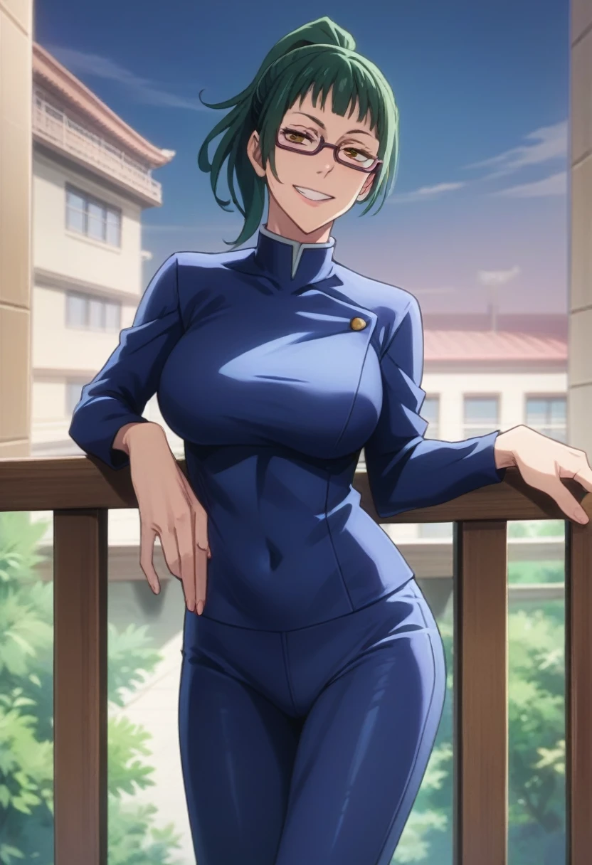 score_9, score_8_up, score_7_up, score_6_up, h1m3n0, 1girl, , mature female,  Maki Zenin , green ponytail bang hair, glasses, yellow eyes, dark blue tight jujutsu uniform, naughty smile, balcony, standing in seductive pose