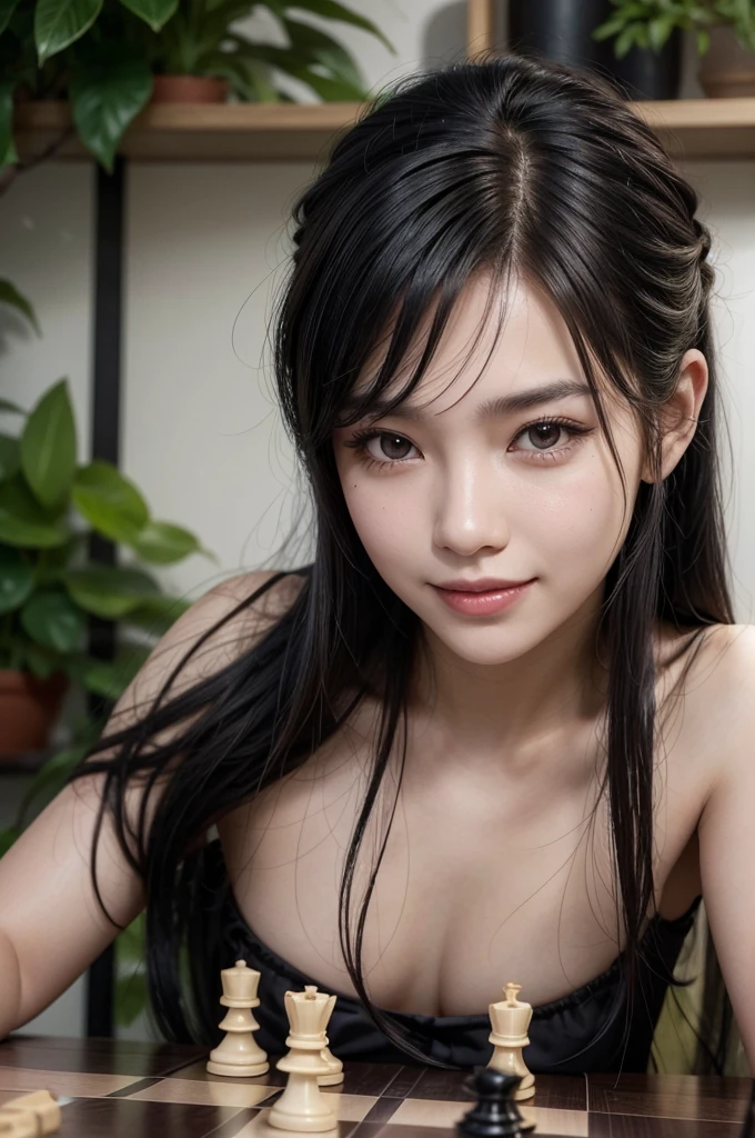 1 adult woman, longye hair, slickedback hair, black hair color, smooth skin, black eyes, sorrido, nariz chato vegetation, Occasional, chess set , realisitic