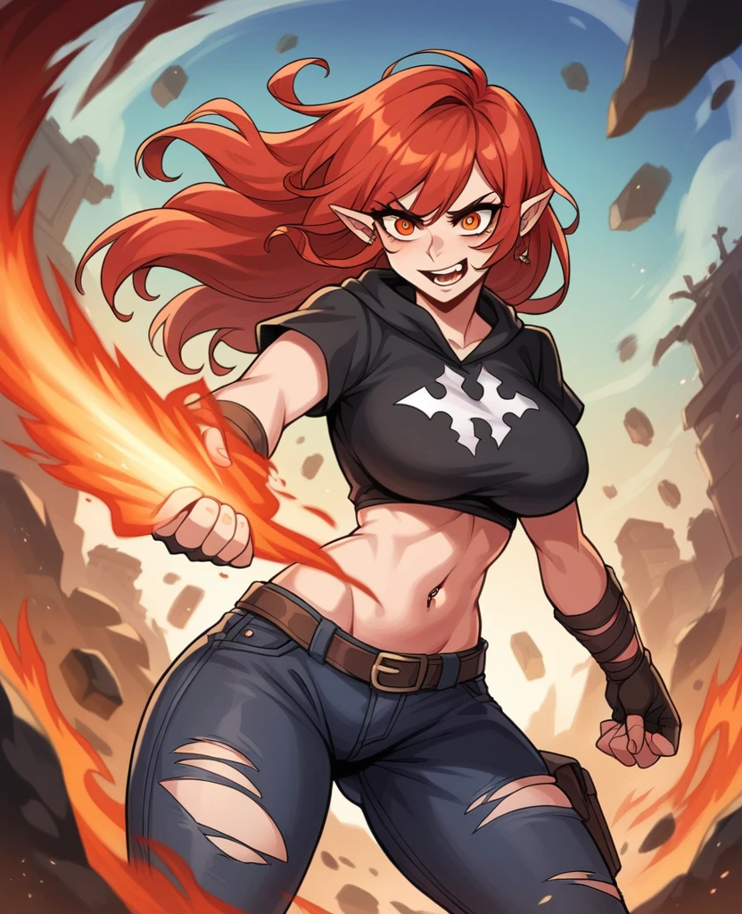 (Male,5'4,pierced pointy ears,light skin,red eyes, white ombre long hair half up half down,black albow length fingerless gloves,ripped red short sleeve cropped hoodie,black tight shirt,ripped black jeans) and (Female,red hair,orange eyes,curvy) both walking darl magic,on a battlefield with darkness in their eyes dark magic,on a battlefield with darkness in his eyes as they approach their enemies