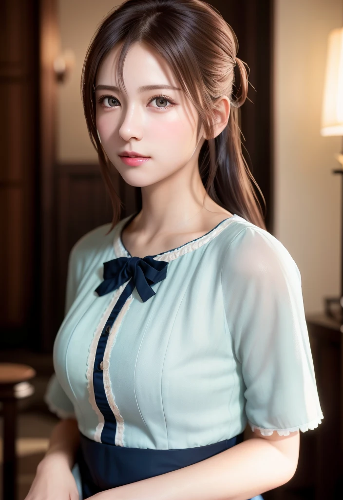 8K, of the highest quality, masutepiece:1.2), (Realistic, Photorealsitic:1.37), of the highest quality, masutepiece, Beautiful young woman, Pensive expression,、A charming、and an inviting look, Cute Maid Clothes, Hair tied back, Cinematic background, Light skin tone
