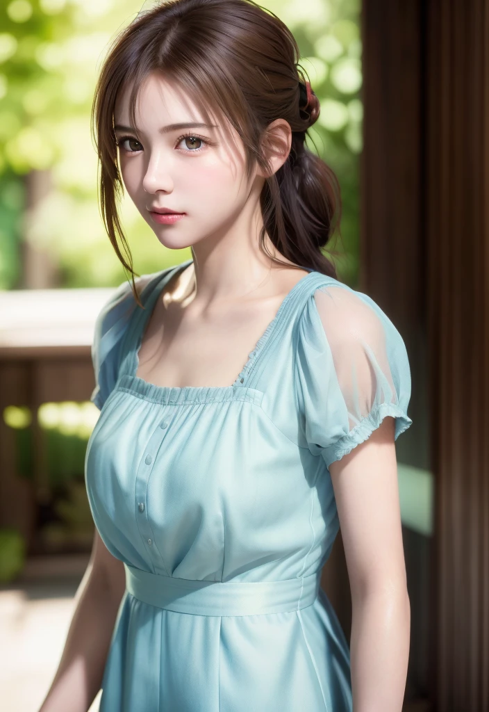8K, of the highest quality, masutepiece:1.2), (Realistic, Photorealsitic:1.37), of the highest quality, masutepiece, Beautiful young woman, Pensive expression,、A charming、and an inviting look, Cute Maid Clothes, Hair tied back, Cinematic background, Light skin tone