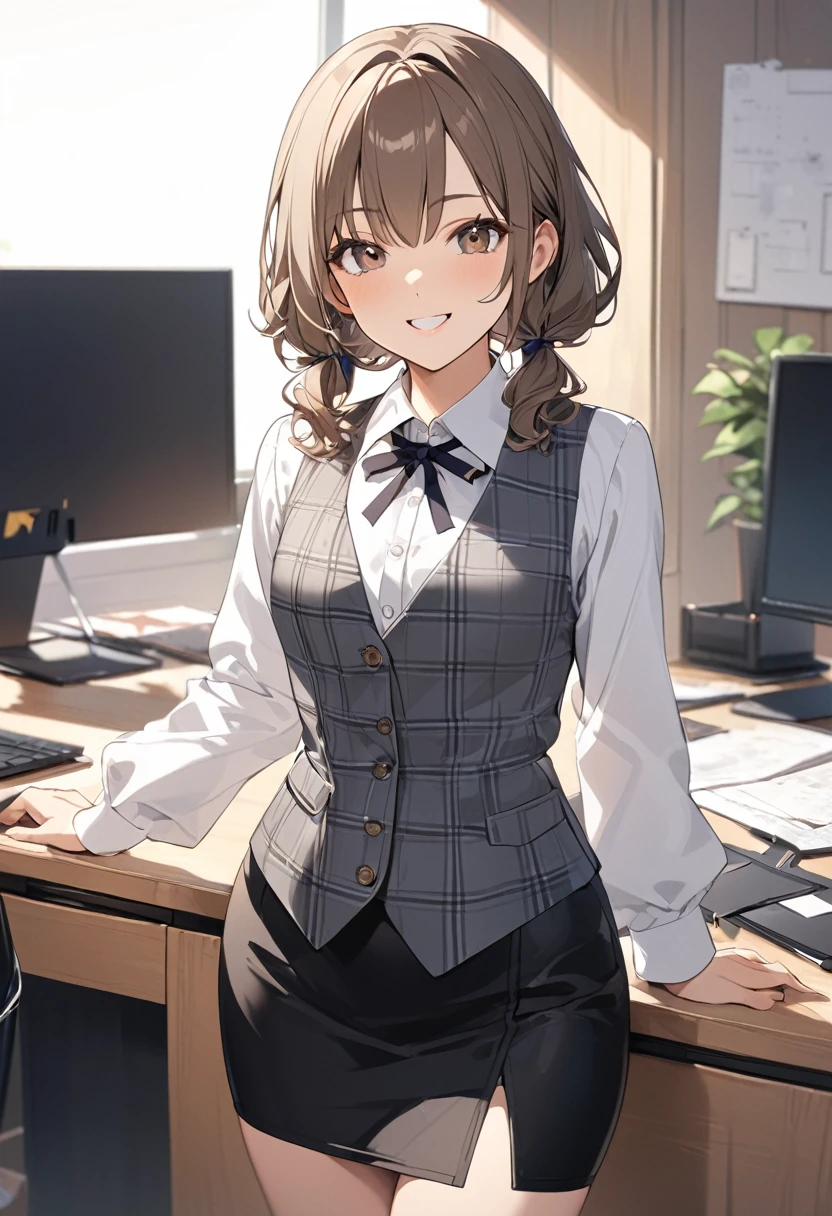 (Highest qualityのイラスト:1.2), (pretty girl:1.1), (1 girl、、Highest qualityのイラスト:1.2), (1 girl、smile、Small breasts、Very detailedな目:1.2)、{(((Brown Hair)))、short hair、Wavy Hair、Curly Hair、Low Twintails}、Small breasts、(Highest quality、Very detailed、Very detailed and beautiful、Ultra-high resolution) 、BREAK wearing a [[white and gray plaid pattern]] vest over a long sleeve white collared-shirt), (buttoned gray vest:), (tight black pencil skirt)、office、Front facing、smile、
