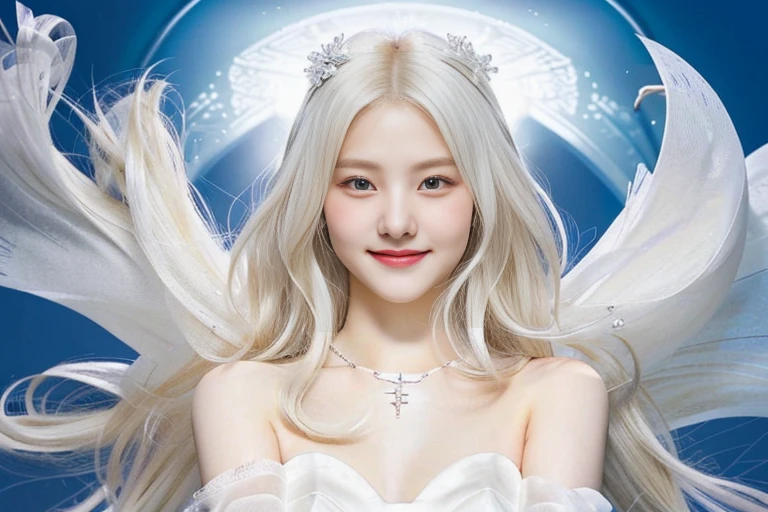 Blonde girl in white dress and necklace posing for a photo., girl with white hair, Guweiz, with long white hair, with long white hair, cute and clear face, a girl with blonde hair, perfect white haired girl, white-hair pretty face, cute natural anime face, Smiling Like a Fairy Queen, white hair floating in the air, beautiful and smiling