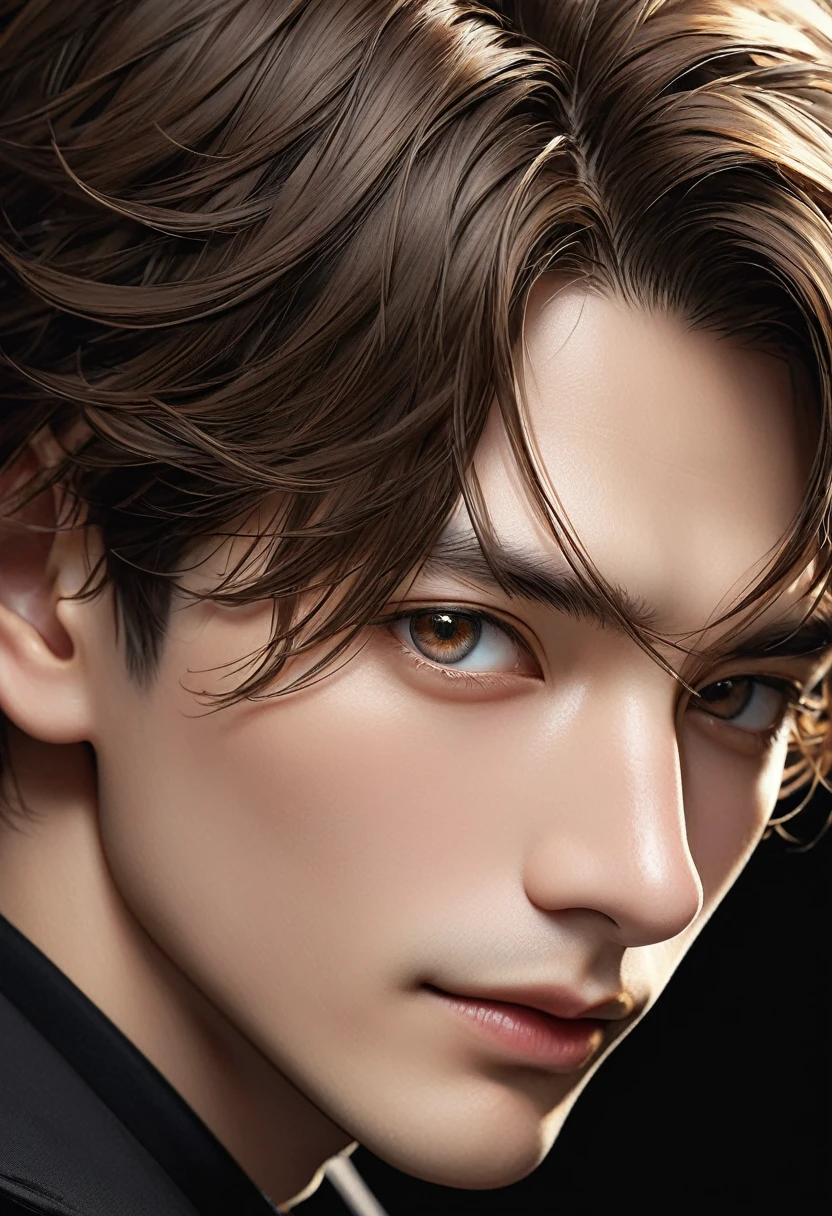 Handsome mature young boy dynamic full body photo, close-up of brown-haired man wearing black windbreaker( perfect anatomy ) Face side close-up. Detailed face. realistic eyes.
The face and eyes are very detailed. Delicate skin.、Delicate skin texture smile, Black trench coat dark shadow background, black soft light, Professional photography master'Artworks, texture, complicated, Clear,
High-quality masterpieces,Extremely complicated and exquisitely detailed, Super detailed, Super detailed digital art