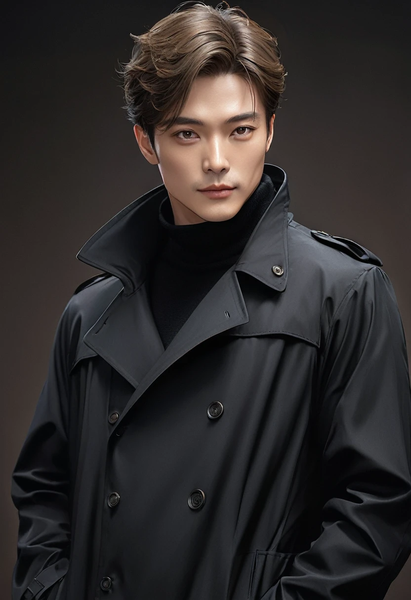    Handsome mature young boy dynamic full body photo, close-up of brown-haired man wearing black windbreaker( perfect anatomy ) Face side close-up. Detailed face. realistic eyes. 

               The face and eyes are very detailed. Delicate skin.、Delicate skin texture smile, Black trench coat dark shadow background, black soft light, Professional photography master&#39;Artworks, texture, complicated, Clear,

                    High-quality masterpieces，Extremely complicated and exquisitely detailed, Super detailed, Super detailed digital art