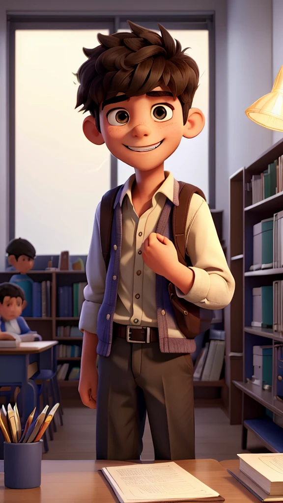 A student boy, in the school library, finds a sheet of paper and takes it in his hand. He looks happy, but with a malevolent air. It's night and the light comes from a lamp on the table.