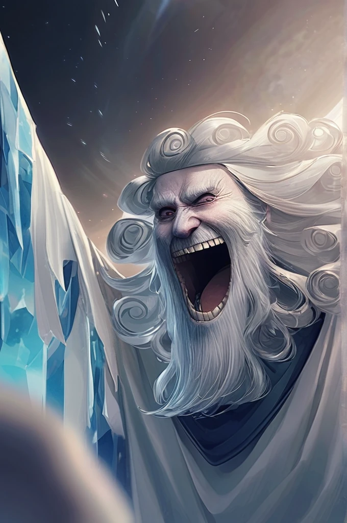 ((Лучшее качество)), ((шедевр)), (подробный), Curly-haired ice king with a beard screams
