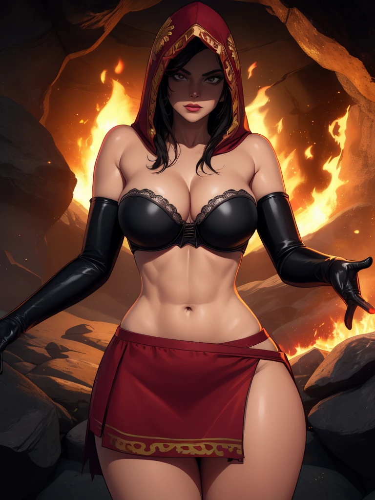 Dsorceress, shadowy face,dark cave, fire, hood, shadowed face, strapless bra, slim and athletic body, miniskirt, no panty, elbow gloves, dark skin, 1 girl (insanely detailed, masterpiece, best quality)