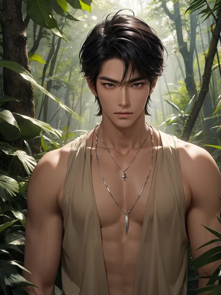 Handsome korean,tall and strong,perfect male figure, eyes looking at camera, ((tanned skin)),forest,feather hair accessories,black hair,serious expression,necklace,Ray tracing