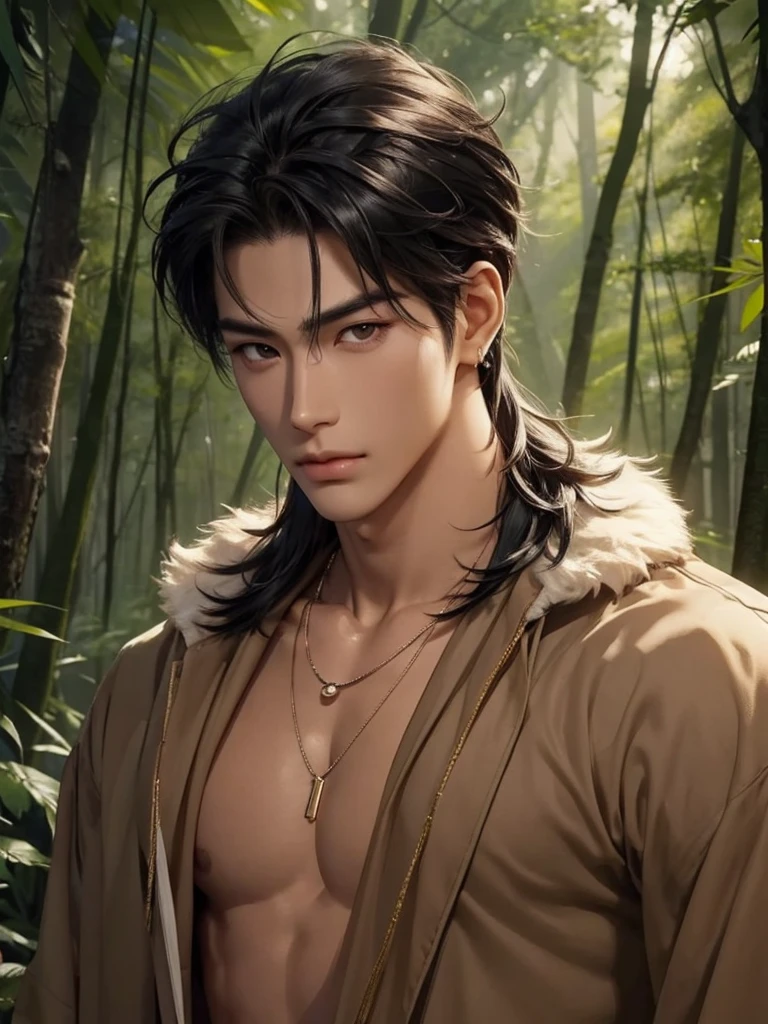 Handsome korean，tall and strong,perfect male figure, eyes looking at camera, ((tanned skin)),forest，feather hair accessories，black hair,serious expression,necklace,Ray tracing