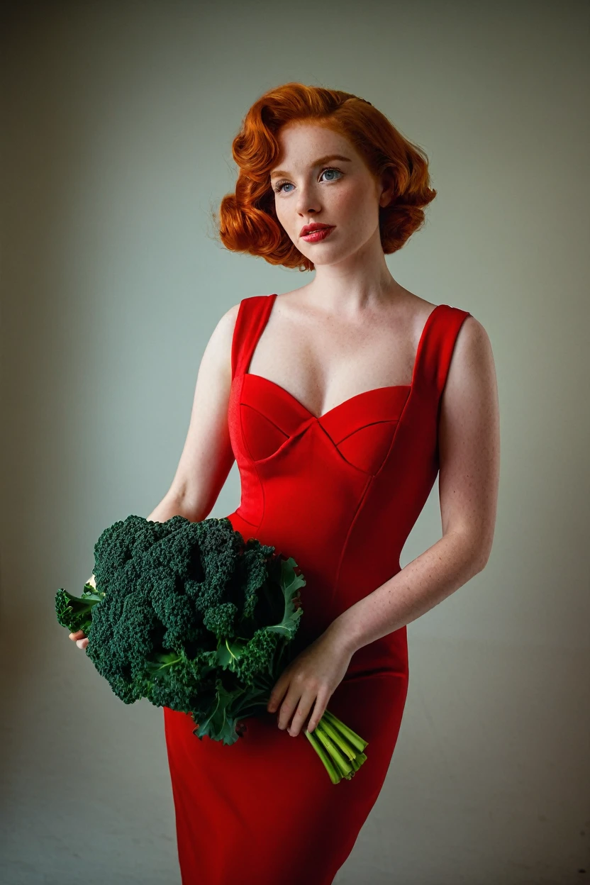 a beautiful red-haired woman in her 20s in a red 1950s dress, Kale, big fit ass , face detailed, (((seios big fit asss))) full body shot shot, editorial portrait, realisitic, cinematic lighting, 8K, high resolution, photorealisitic, work of art, textura realisitic, dramatic lighting , Cinemastill 800,