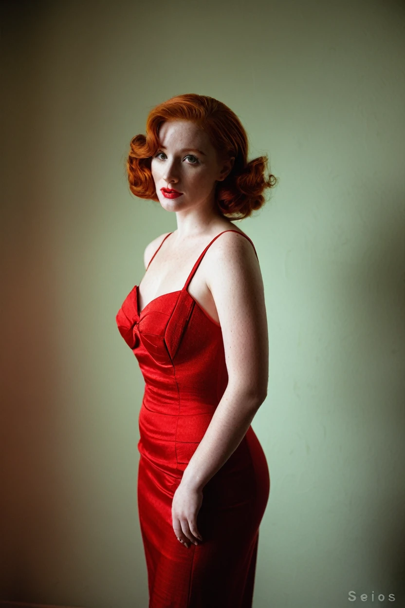 a beautiful red-haired woman in her 20s in a red 1950s dress, Kale, big fit ass , face detailed, (((seios big fit asss))) full body shot shot, editorial portrait, realisitic, cinematic lighting, 8K, high resolution, photorealisitic, work of art, textura realisitic, dramatic lighting , Cinemastill 800,