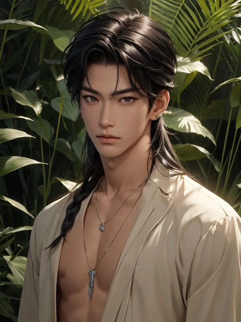 Handsome korean,tall and strong,perfect male figure, eyes looking at camera, ((tanned skin)),forest,feather hair accessories,black hair,serious expression,necklace,Ray tracing